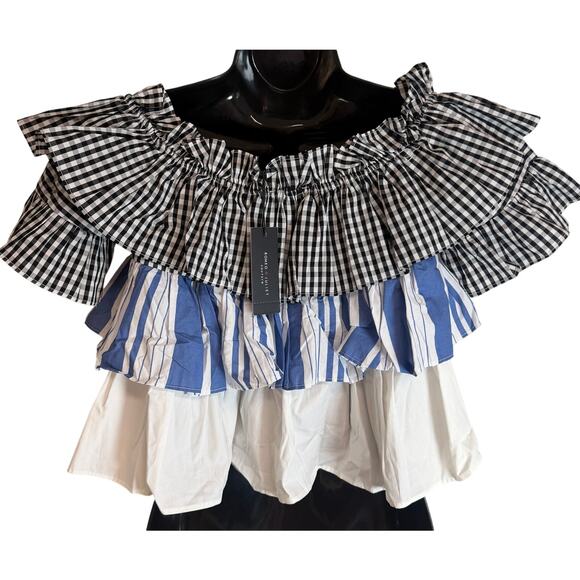 Romeo + Juliet Couture Ruffle Off Shoulder Top Gingham Stripe Tiered Blouse M - Picture 4 of 9